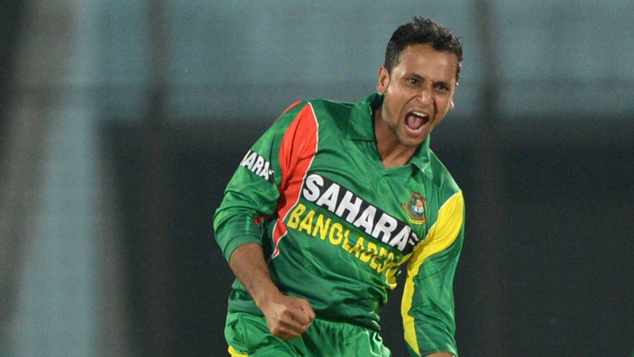 Left-arm spinner Arafat Sunny celebrates a wicket, Bangladesh v Sri Lanka, 2nd T20I, Chittagong, February 14, 2014