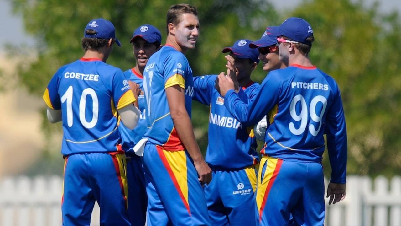Bredell Wessells celebrates a wicket with team-mates, Australia v Namibia, Under-19 World Cup, Group B, Abu Dhabi, February 15, 2014