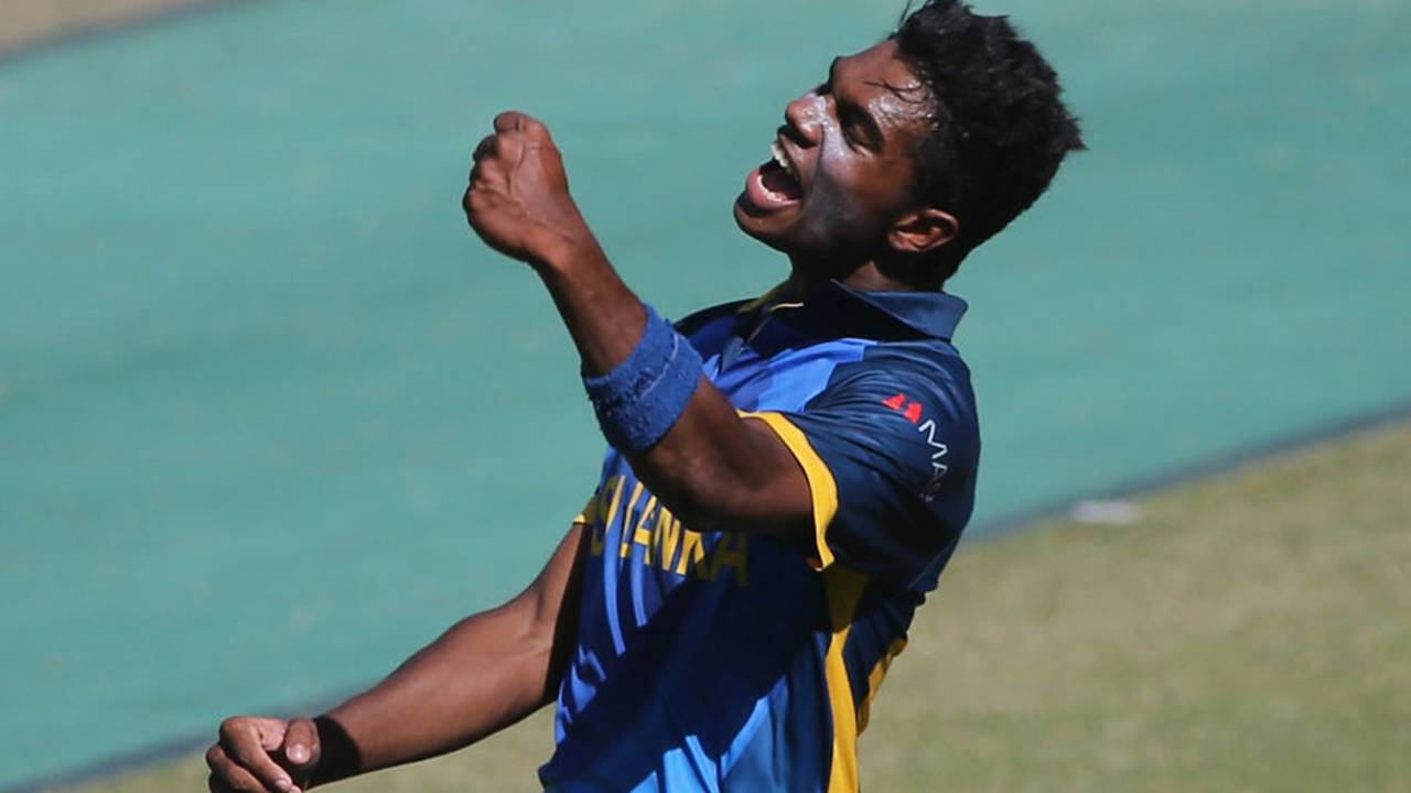 Sri Lanka Under-19 bowler Anuk Fernando celebrates a wicket, England Under-19s v Sri Lanka Under-19s, ICC Under-19 World Cup, Dubai, February 16, 2014