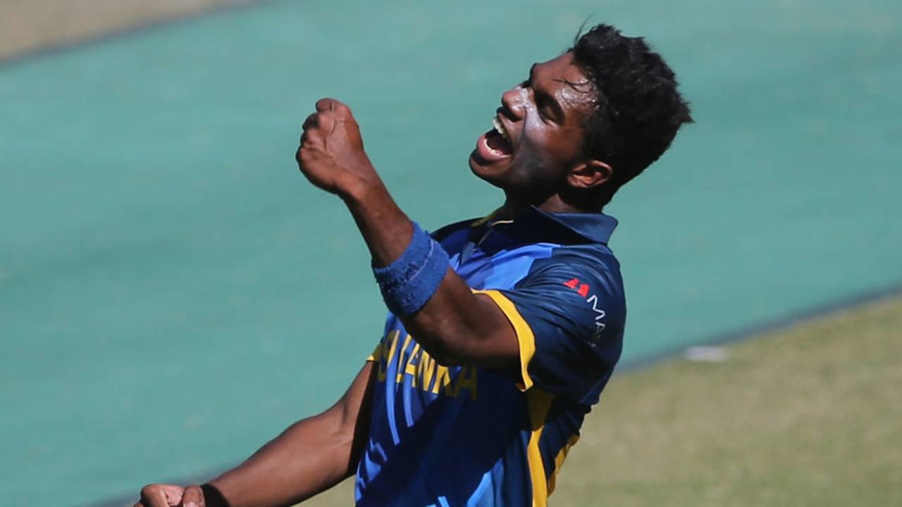 Sri Lanka Under-19 bowler Anuk Fernando celebrates a wicket
