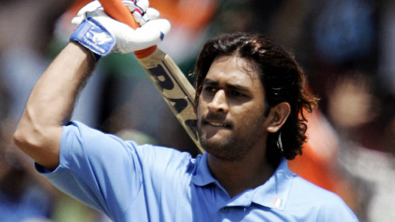 Mahendra Singh Dhoni brought up his first hundred in one-day internationals, and he was pretty pleased with his effort, India v Pakistan, 2nd ODI, Visakhapatnam, April 5, 2005