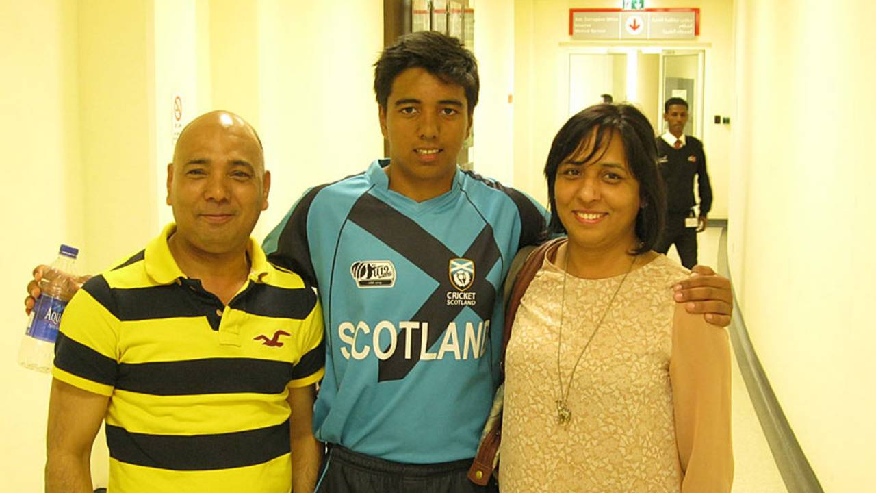 Scotland Under-19s' Chayank Gosain poses with his parents, India Under-19s v Scotland Under-19s, Under-19 World Cup, Dubai, February 17, 2014