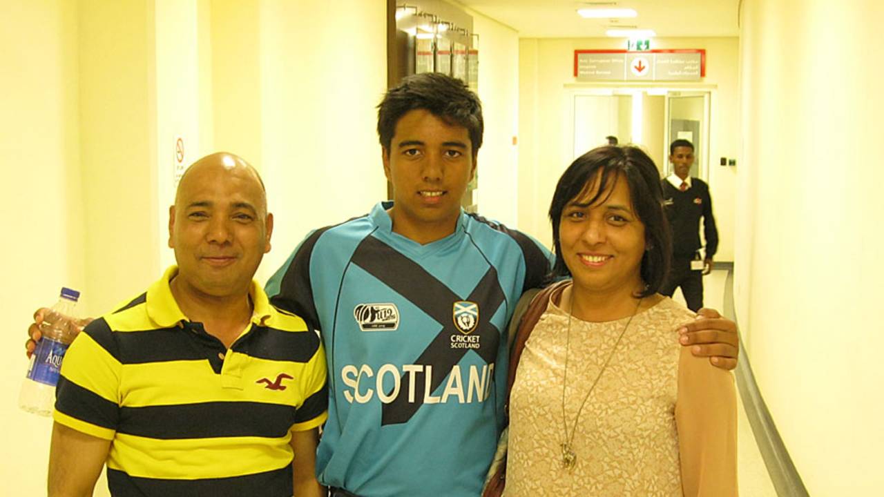 Scotland Under-19s' Chayank Gosain poses with his parents, India Under-19s v Scotland Under-19s, Under-19 World Cup, Dubai, February 17, 2014