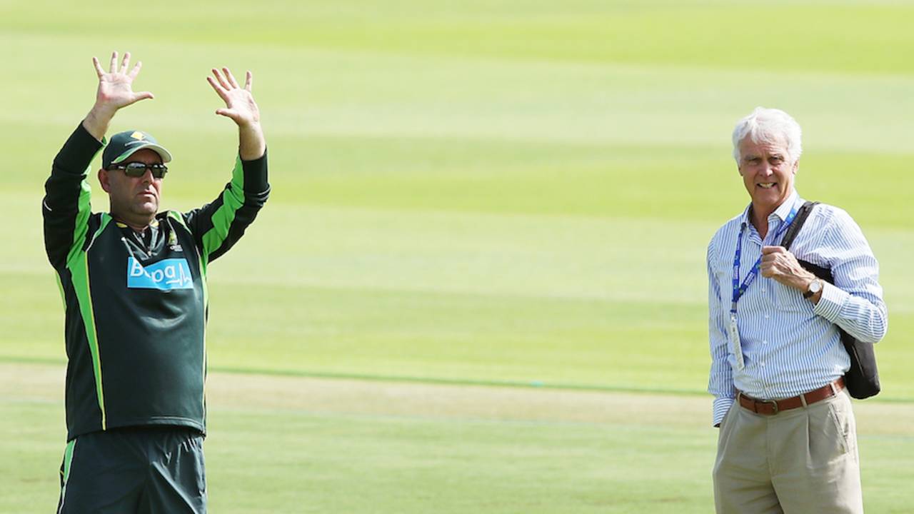 10 minutes to training: Darren Lehmann, with John Inverarity, signals to the team, Port Elizabeth, February 18, 2014