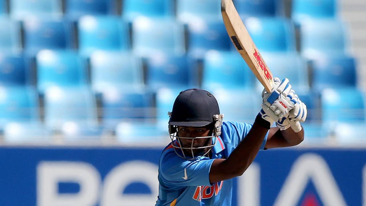 Sanju Samson drives through the off side, ICC Under-19 World Cup, India v Scotland, Dubai, February 17, 2014