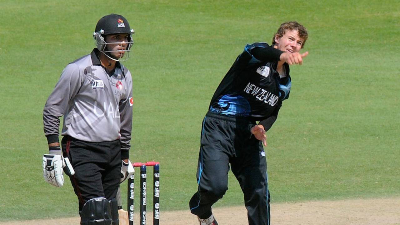 Josh Finnie picked up two wickets in his three overs, UAE v New Zealand, 2nd Plate Semi-Final, Under-19 World Cup, Abu Dhabi, February 25, 2014