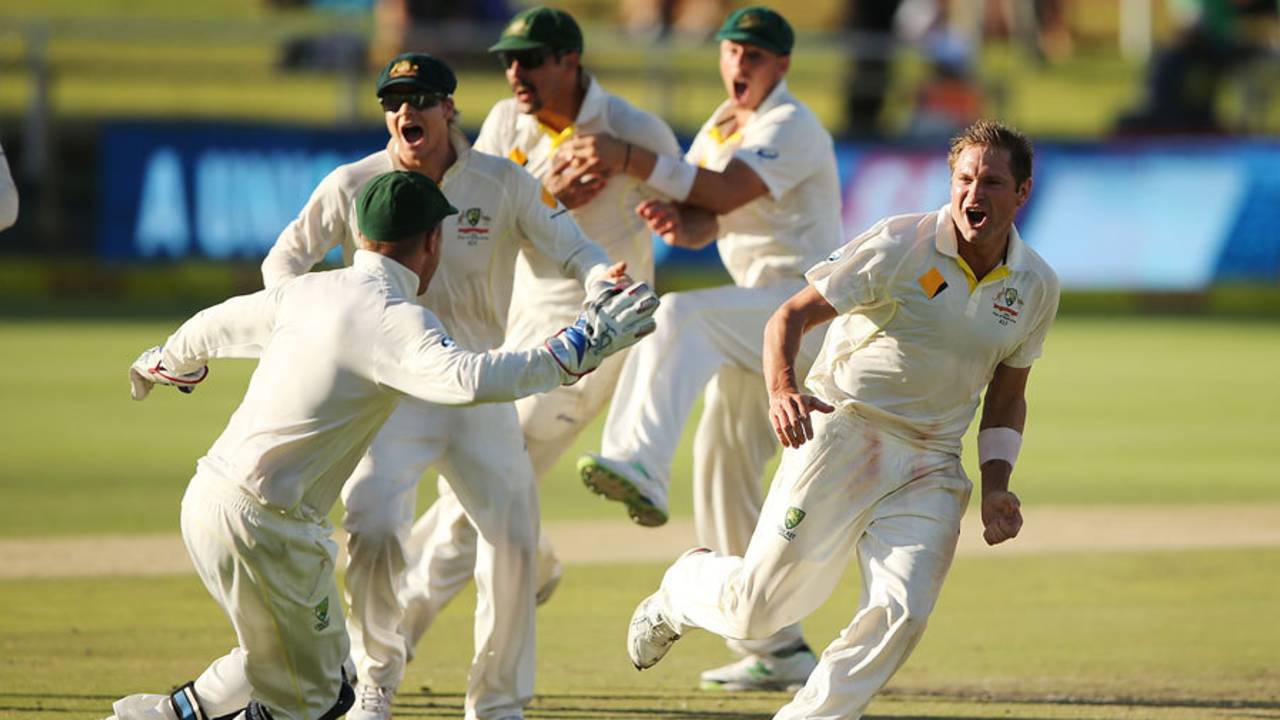 Ryan Harris wheels away in celebration after sealing the series for Australia, South Africa v Australia, 3rd Test, Cape Town, 5th day, March 5, 2014
