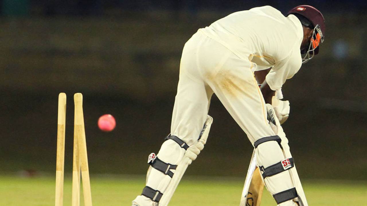 Tonito Willett is bowled, Trinidad & Tobago v Leeward Islands, Trinidad, 2nd day, March 15, 2014