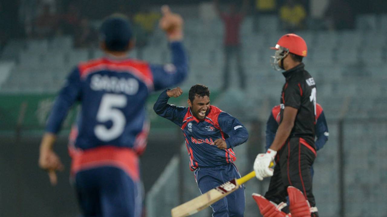 Jitendra Mukhiya celebrates the final Hong Kong wicket, Hong Kong v Nepal, World T20, Qualifying Group A, Chittagong, March 16, 2014 