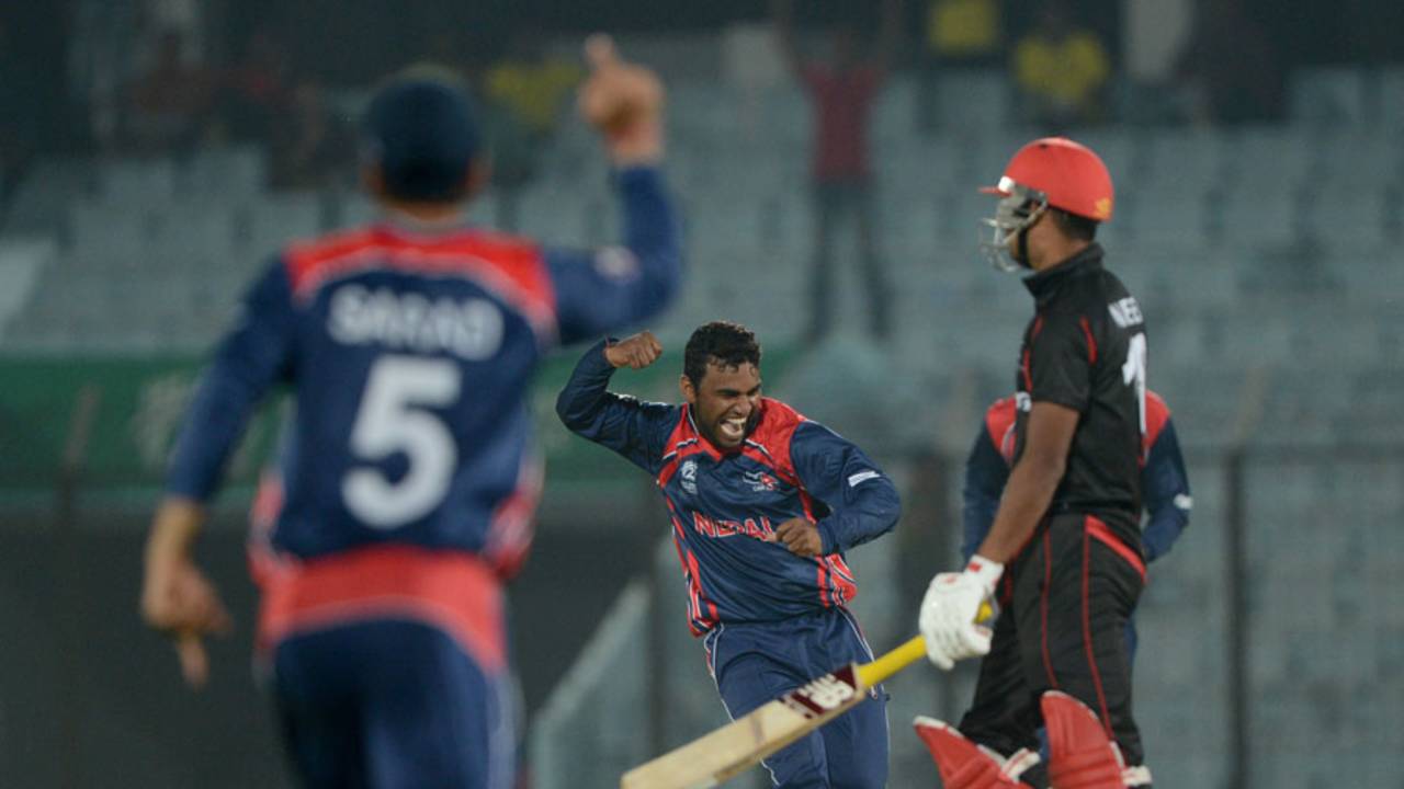 Jitendra Mukhiya celebrates the final Hong Kong wicket, Hong Kong v Nepal, World T20, Qualifying Group A, Chittagong, March 16, 2014 