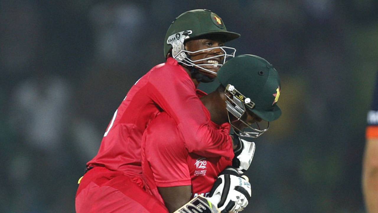 Vusi Sibanda and Timycen Maruma celebrate Zimbabwe's win, Netherlands v Zimbabwe, World T20, Group B, Sylhet, March 19, 2014