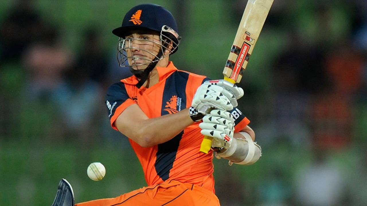 Tom Cooper attempts a slog-sweep, Ireland v Netherlands, World T20, First Round Group B, Sylhet, March 21, 2014