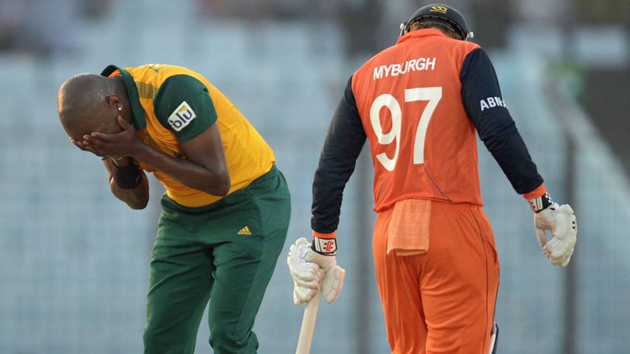 Lonwabo Tsotsobe reacts after being hit for a six by Stephan Myburgh, Netherlands v South Africa, World T20, Group 1, Chittagong, March 27, 2014
