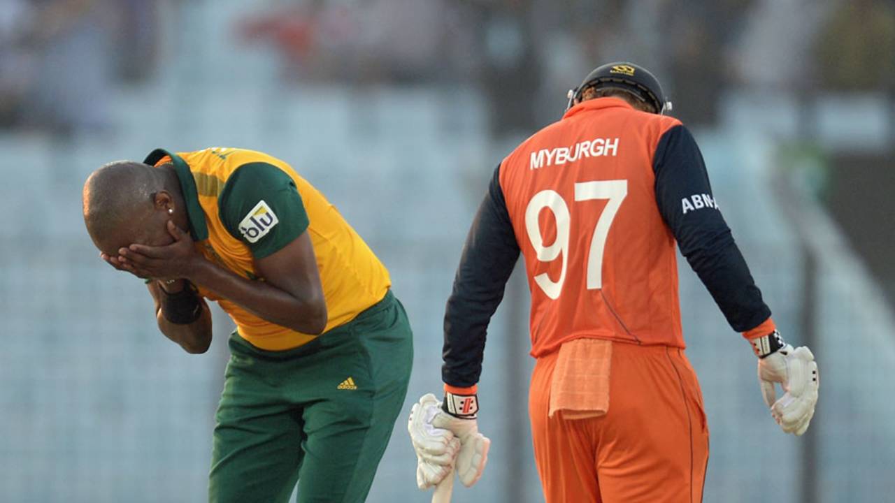 Lonwabo Tsotsobe reacts after being hit for a six by Stephan Myburgh, Netherlands v South Africa, World T20, Group 1, Chittagong, March 27, 2014