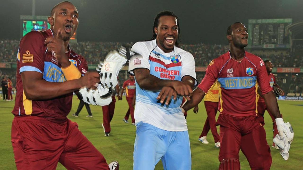 Dwayne Bravo, Chris Gayle and Darren Sammy break into a dance, Australia v West Indies, World T20, Group 2, Mirpur, March 28, 2014