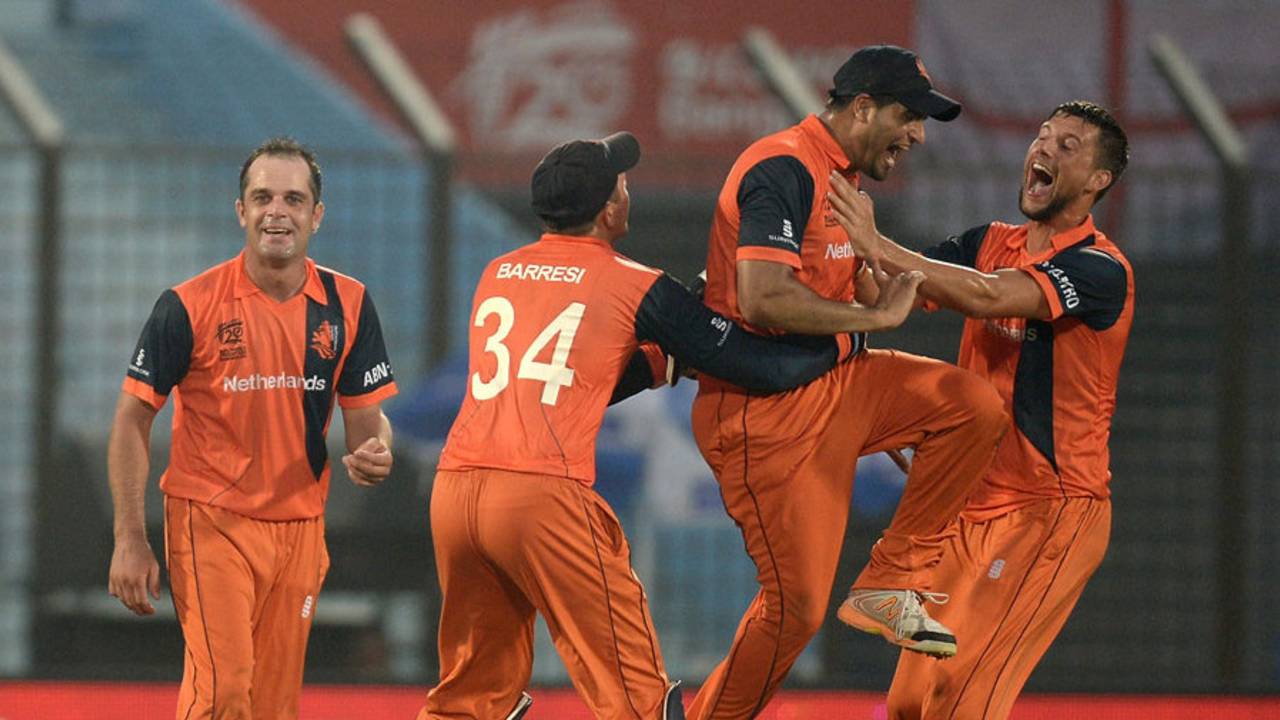 Netherlands are elated with the run-out of Tim Bresnan, England v Netherlands, World T20, Group 1, Chittagong, March 31, 2014