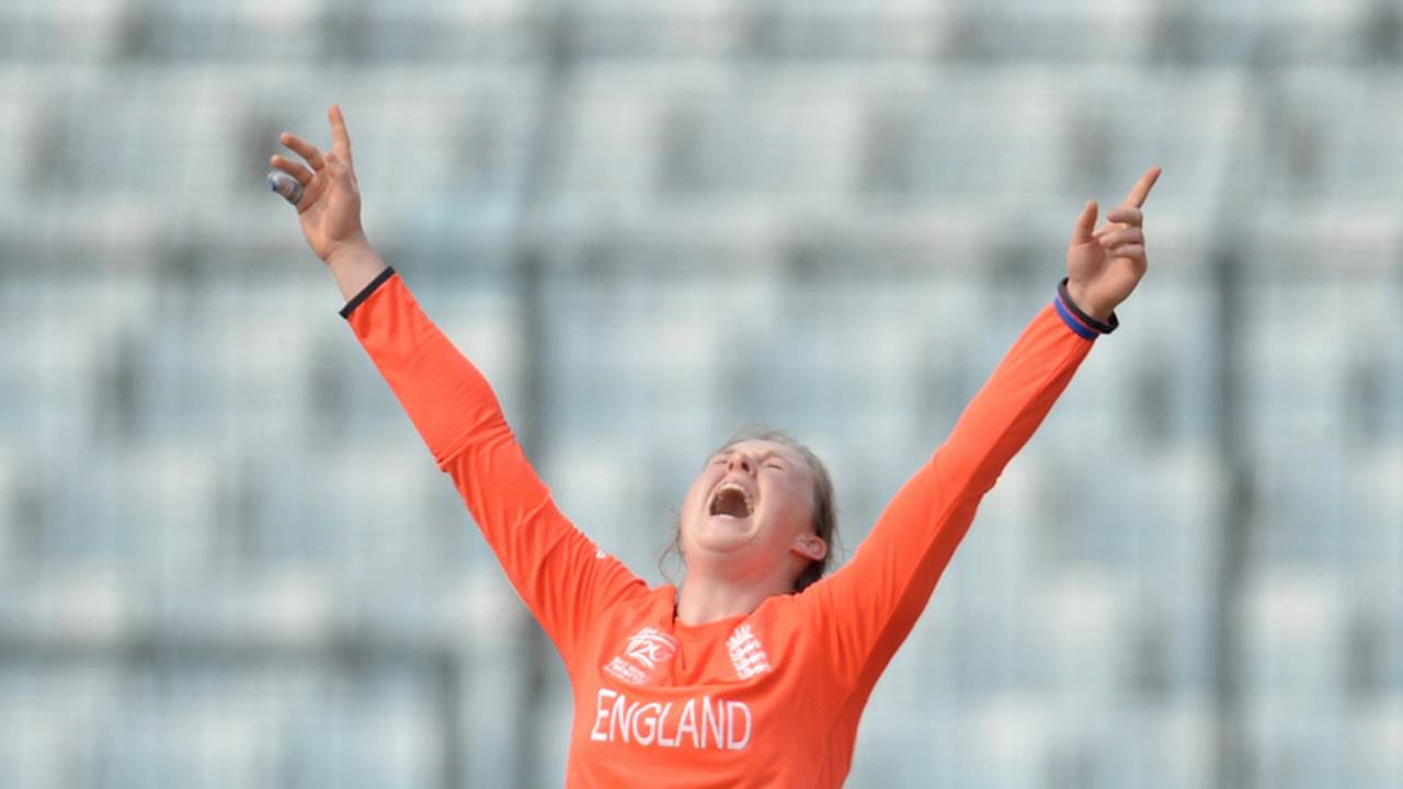 Rebecca Grundy is ecstatic after a wicket