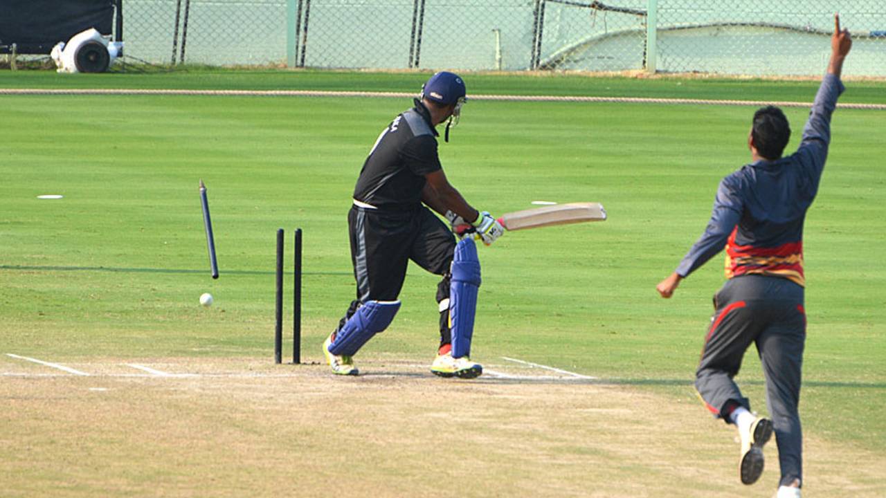 Karnataka's K Gowtham was bowled by Sayed Badiuzzama, Goa v Karnataka, Syed Mushtaq Ali Trophy, Visakhapatnam, April 4, 2014