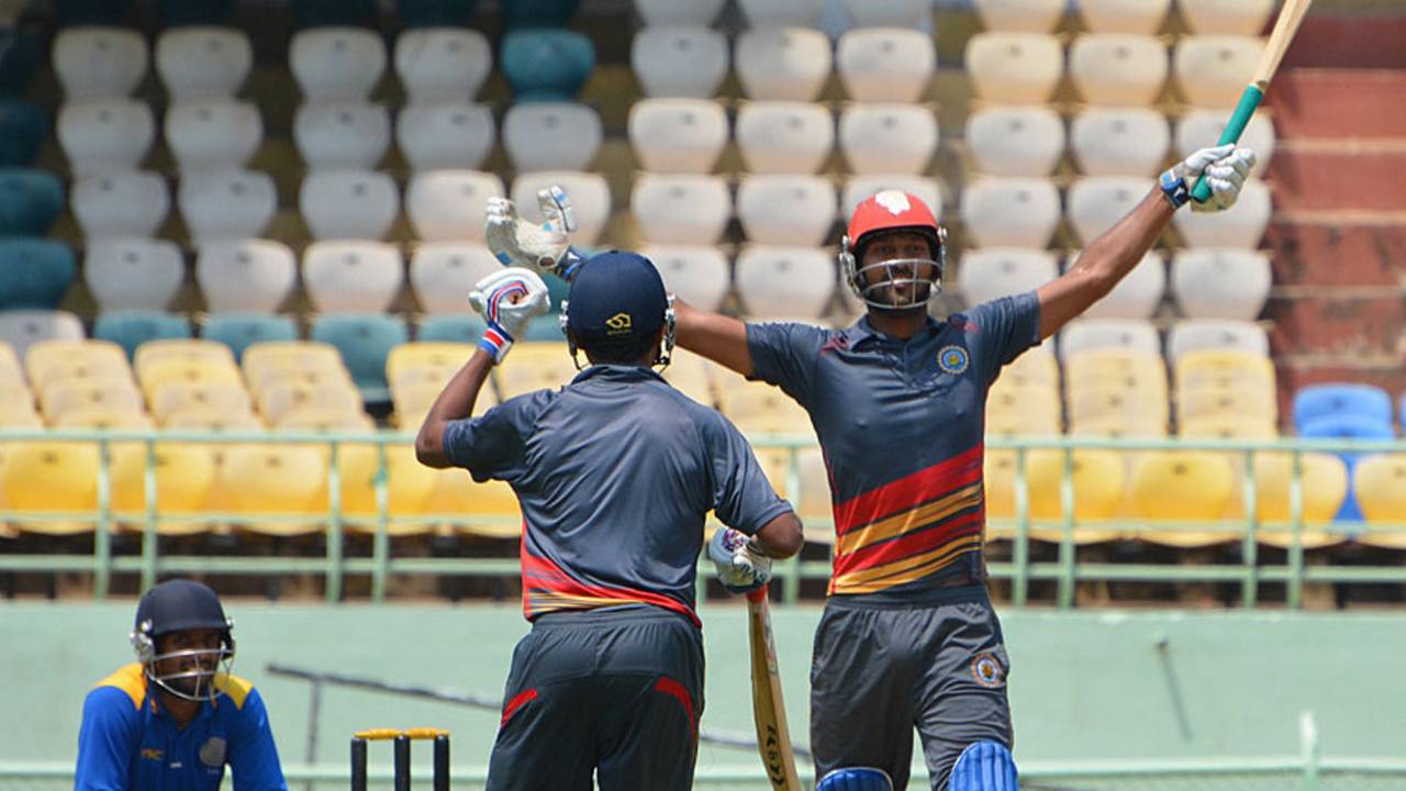 Goa's Amit Yadav celebrates after hitting a six of the last ball to seal a thriller, Goa v Hyderabad, Syed Mushtaq Ali Trophy, Visakhapatnam, April 5, 2014