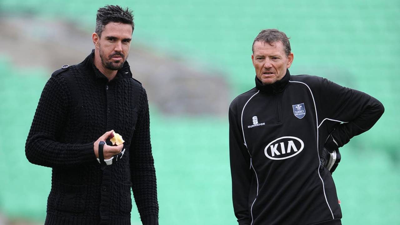 Kevin Pietersen in conversation with new Surrey coach Graham Ford, Surrey v Glamorgan, The Oval, County Championship Division Two, 1st day, April 6, 2014