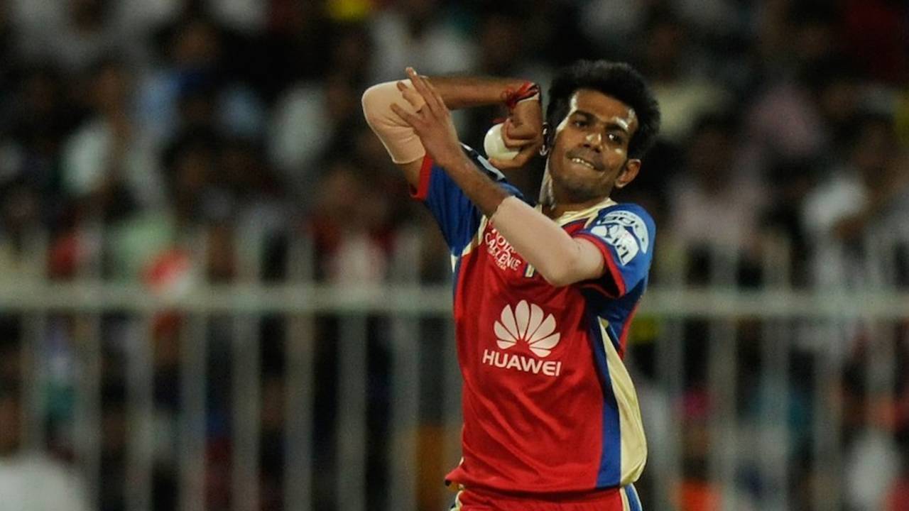 Legspinner Yuzvendra Chahal in delivery stride, Royal Challengers Bangalore v Delhi Daredevils, IPL 2014, Sharjah, April 17, 2014