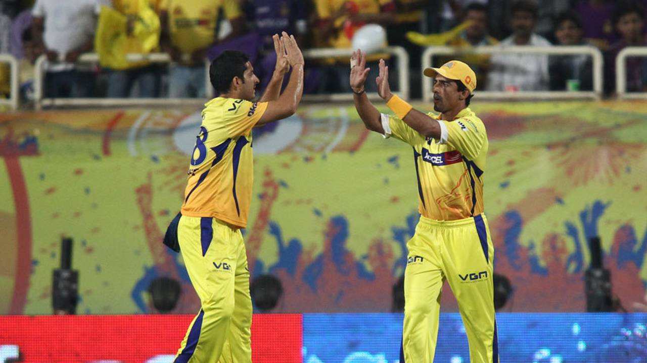 Mithun Manhas is congratulated after taking the catch to send Jacques Kallis back, Chennai Super Kings v Kolkata Knight Riders, IPL 2014, Ranchi, May 2, 2014