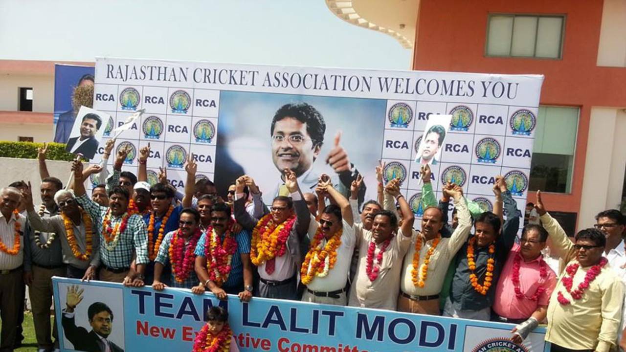 Lalit Modi's supporters celebrate after he is named Rajasthan Cricket Association president