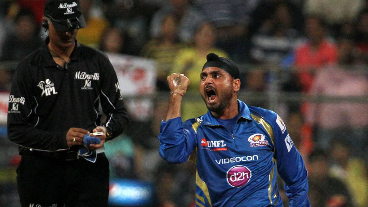 Harbhajan Singh is ecstatic with the wicket of Chris Gayle, Mumbai Indians v Royal Challengers Bangalore, IPL 2014, Mumbai, May 6, 2014