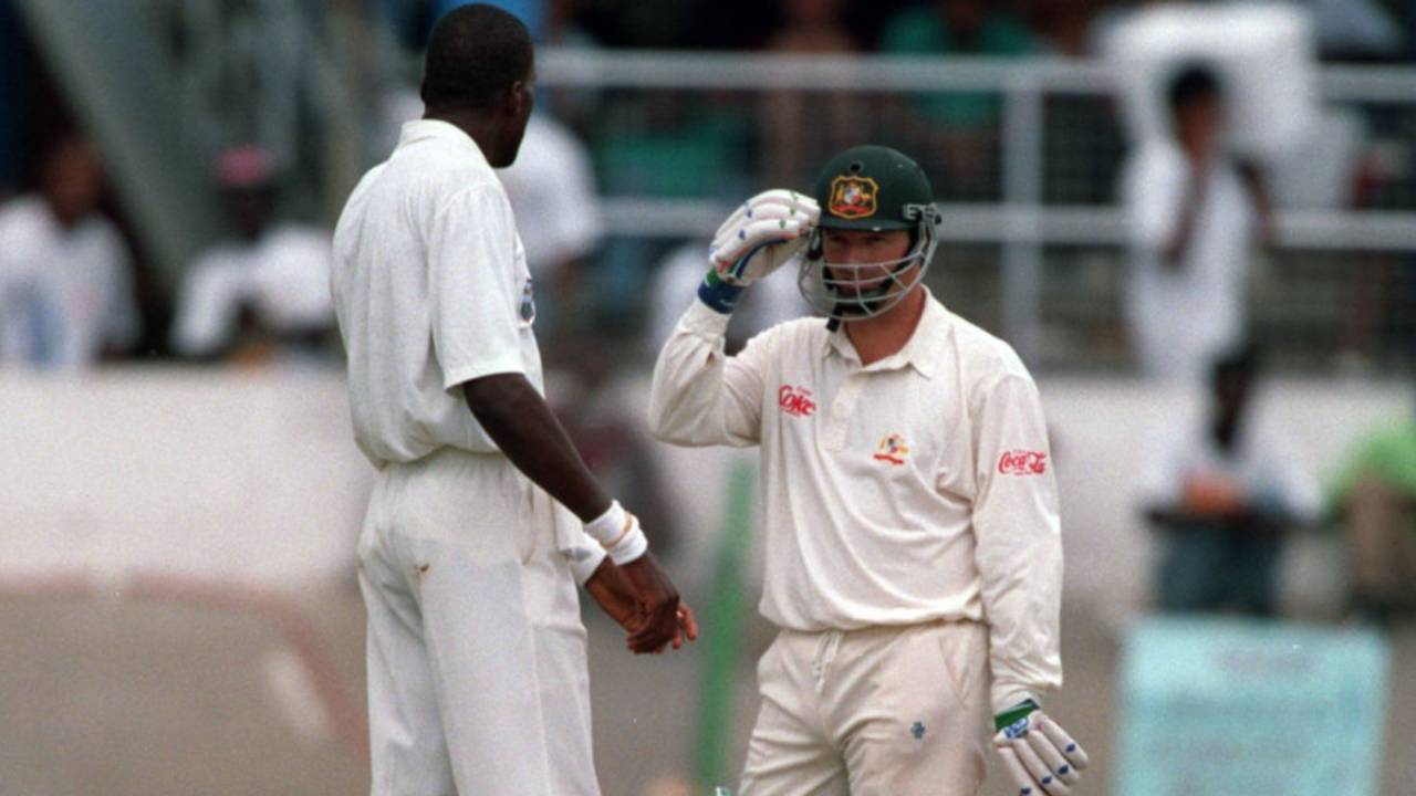 Curtly Ambrose and Steve Waugh eye each other, West Indies v Australia, 3rd Test, Port-of-Spain, 1st day, April 21, 1995