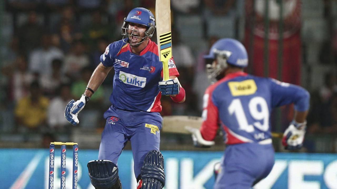 Kevin Pietersen and Dinesh Karthik shared a 71-run partnership, Delhi Daredevils v Kings XI Punjab, IPL 2014, Delhi, May 19, 2014