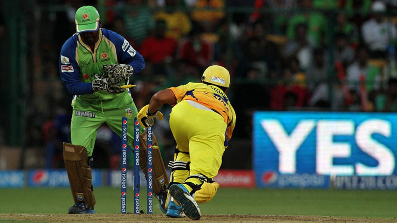 Yogesh Takawale stumps Suresh Raina, Royal Challengers Bangalore v Chennai Super Kings, IPL 2014, Bangalore, May 24, 2014