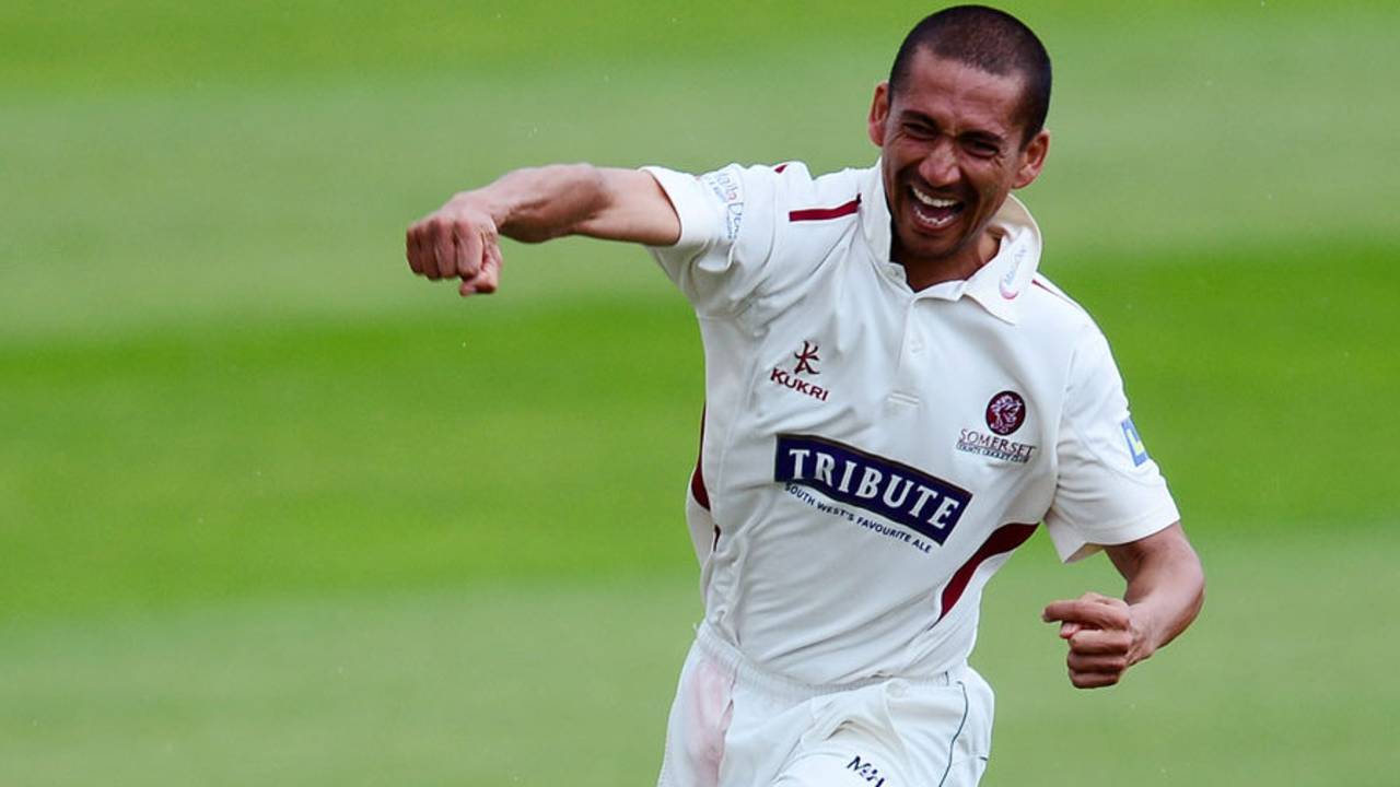 Alfonso Thomas celebrates his fourth wicket in four balls, Somerset v Sussex, County Championship, Division One, Taunton, 3rd day, June 10, 2014