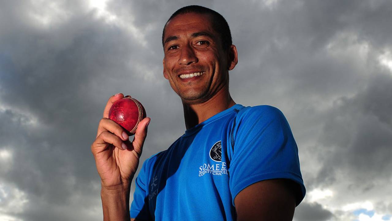Alfonso Thomas poses after taking four wickets in four balls, Somerset v Sussex, County Championship, Division One, Taunton, 3rd day, June 10, 2014