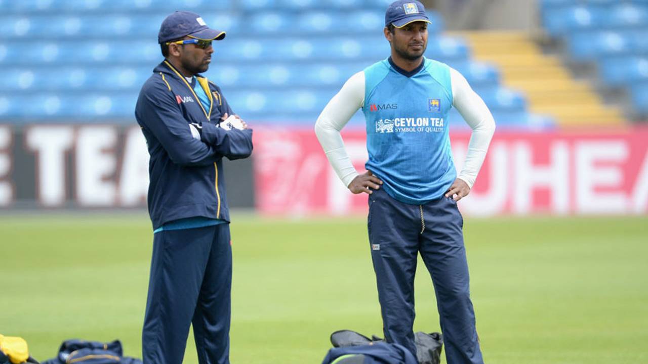 Mahela Jayawardene and Kumar Sangakkara watch on at Sri Lanka practice, Headingley, June 19, 2014