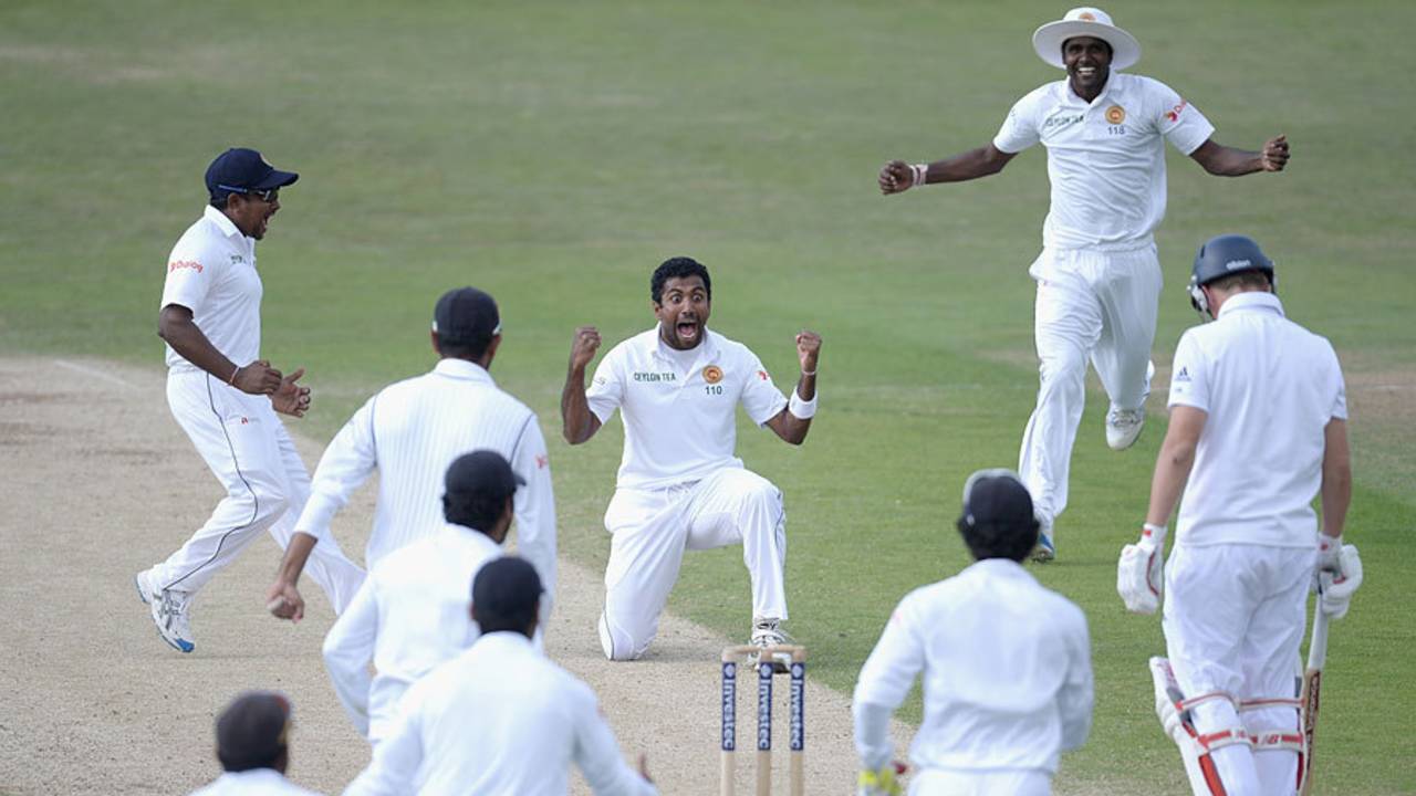 Dhammika Prasad shows his elation after trapping Gary Ballance first ball, England v Sri Lanka, 2nd Investec Test, Headingley, 4th day, June 23, 2014