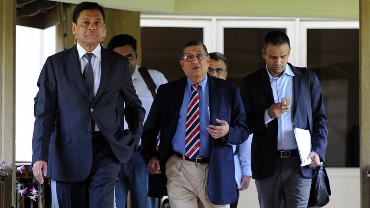Syed Ashraful Haq, N Srinivasan and Sundar Raman arrive for an ACC meeting, Colombo, January 4, 2014