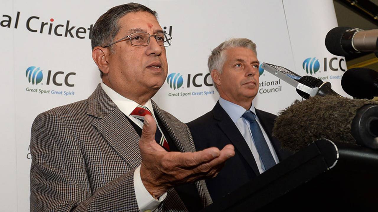 N Srinivasan addresses the media after taking over as ICC chairman, Melbourne, June 26, 2014