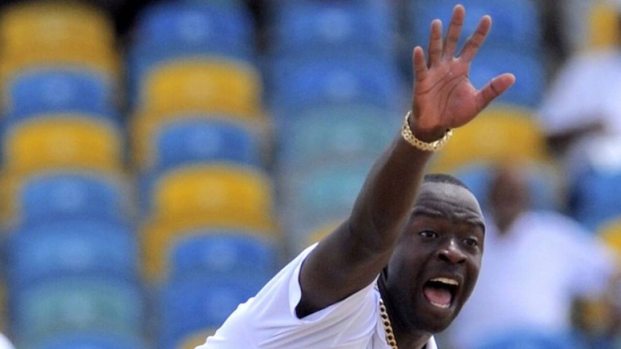 Kemar Roach appeals for a wicket, West Indies v New Zealand, 3rd Test, Barbados, 1st day, June 26, 2014
