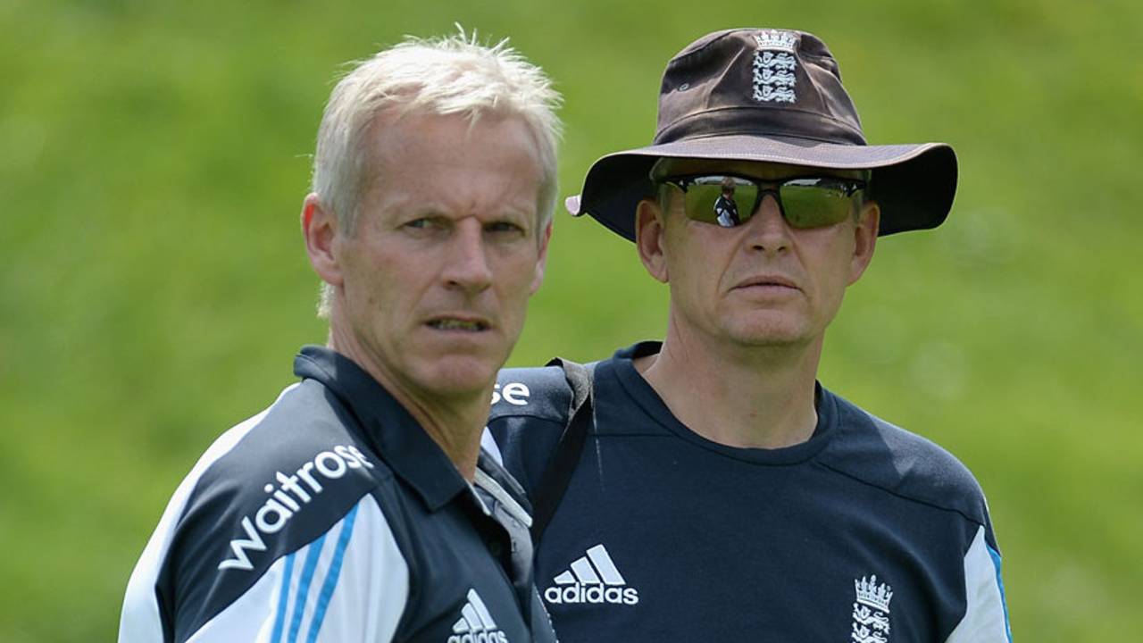 Fancy a recall? Peter Moores chats with spin-bowling coach Peter Such, Loughborough, July 2, 2014