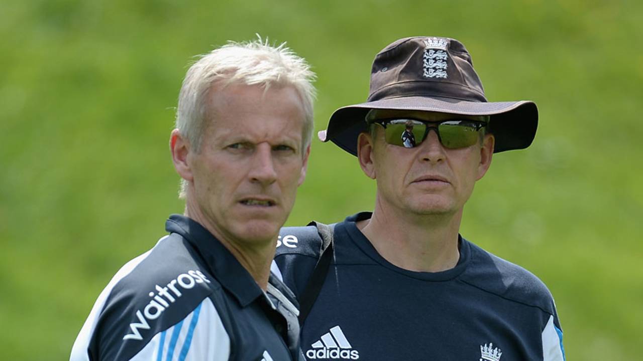 Fancy a recall? Peter Moores chats with spin-bowling coach Peter Such, Loughborough, July 2, 2014