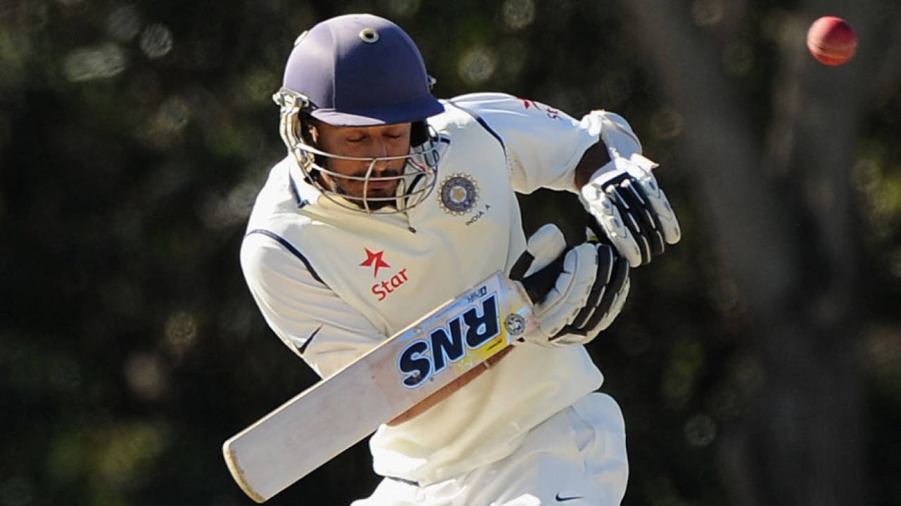 Jiwanjot Singh tries to fend off a short ball,  Australia A v India A, 1st unofficial Test, Brisbane, 1st day, July 6, 2014