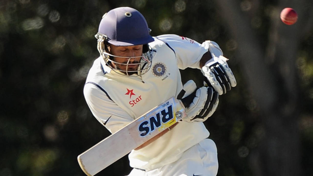 Jiwanjot Singh tries to fend off a short ball,  Australia A v India A, 1st unofficial Test, Brisbane, 1st day, July 6, 2014