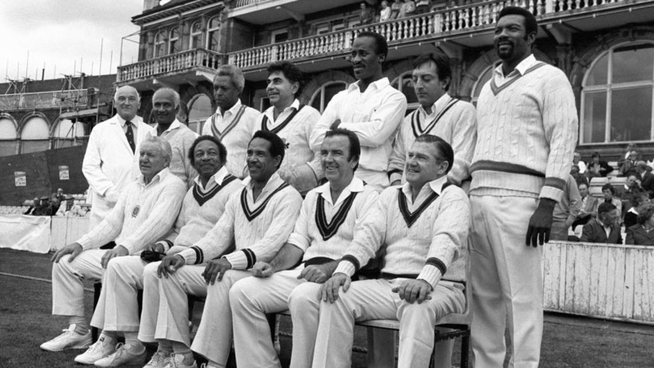 The Old World XI squad poses for photos before the match against the Old England XI at The Oval. Standing (left to right): unknown umpire, Rohan Kanhai, Lance Gibbs, Farokh Engineer, Vanburn Holder, Nawab of Pataudi jr and Charlie Griffith; Sitting: Ray Lindwall, Bertie Clarke, Garry Sobers, Bob Simpson and Neil Harvey, September 17, 1983