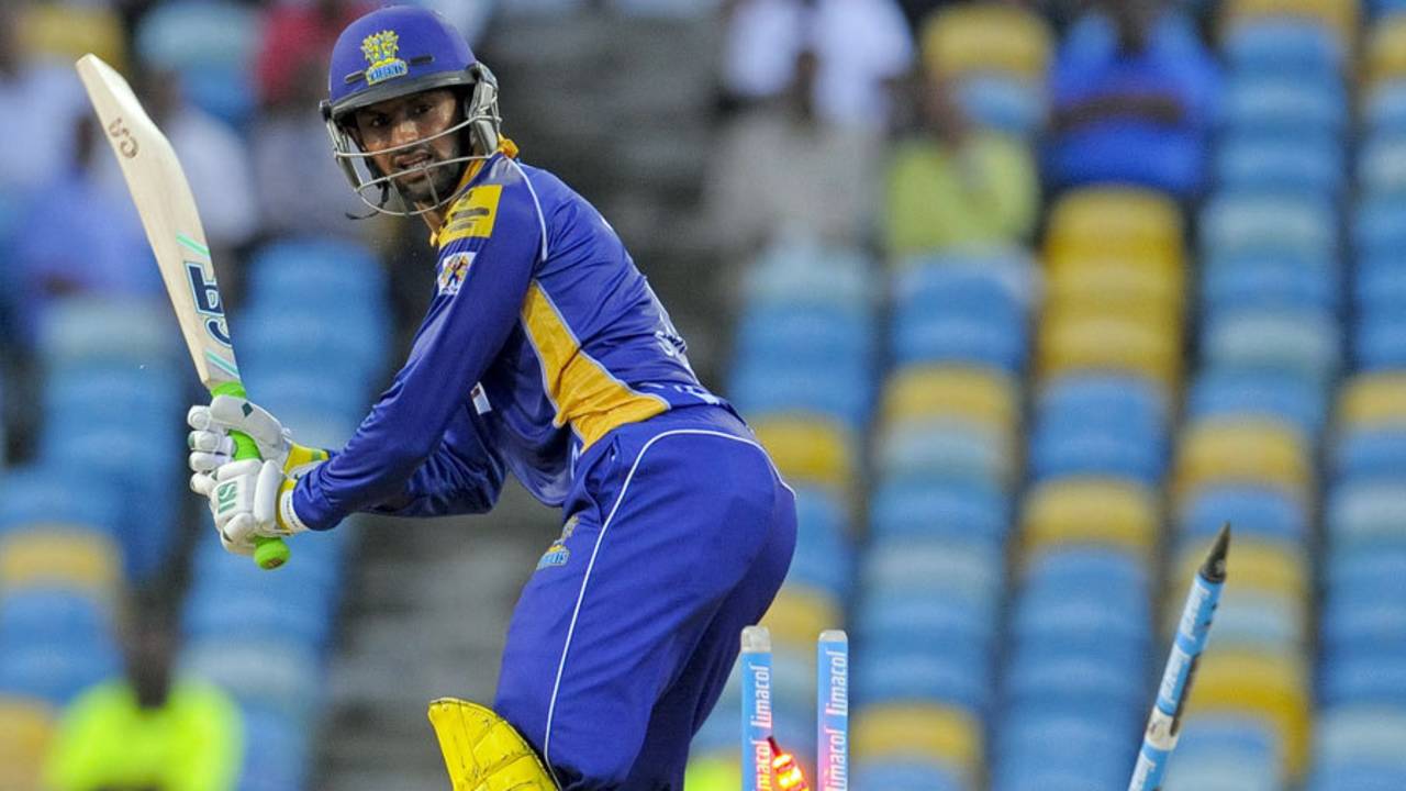 Shoaib Malik was bowled by Tino Best for 49, Barbados Tridents v St Lucia Zouks, CPL 2014, Bridgetown, July 23, 2014