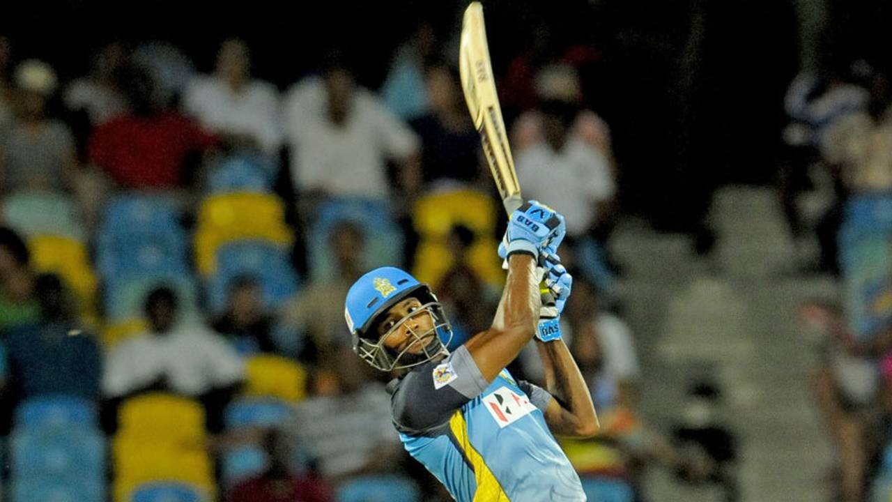 Keddy Lesporis plays a lofted shot, Barbados Tridents v St Lucia Zouks, CPL 2014, Bridgetown, July 23, 2014