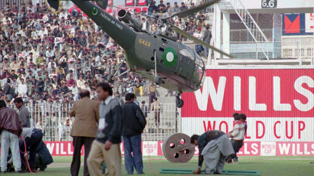 A helicopter tries to dry the square, Pakistan v UAE, Group B, Gujranwala, February 24, 1996
