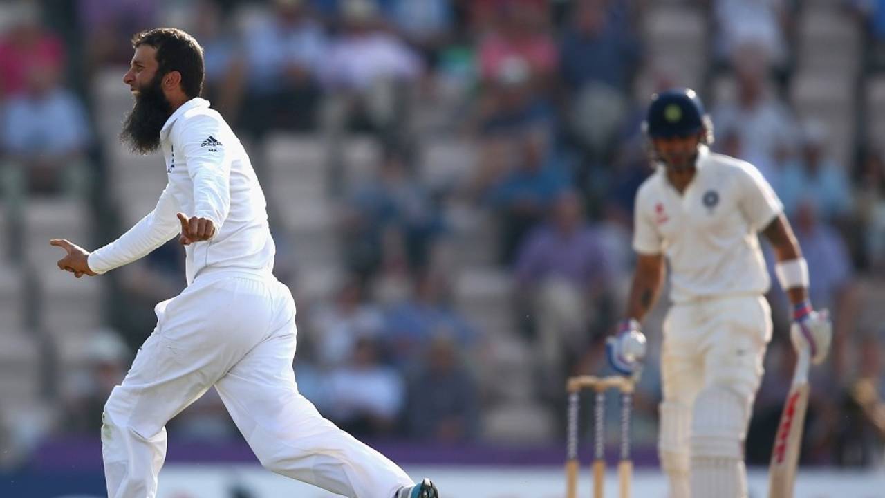 Moeen Ali wheels away after dismissing Virat Kohli, England v India, 3rd Investec Test, Ageas Bowl, 4th day, July 30, 2014