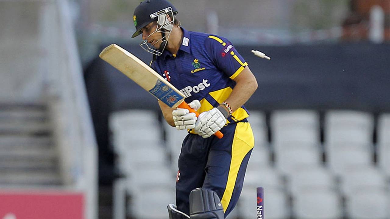 Stewart Walters had his stumps rearranged by Jordan Clark, Lancashire v Glamorgan, NatWest T20 Blast quarter-final, Old Trafford, August 2, 2014