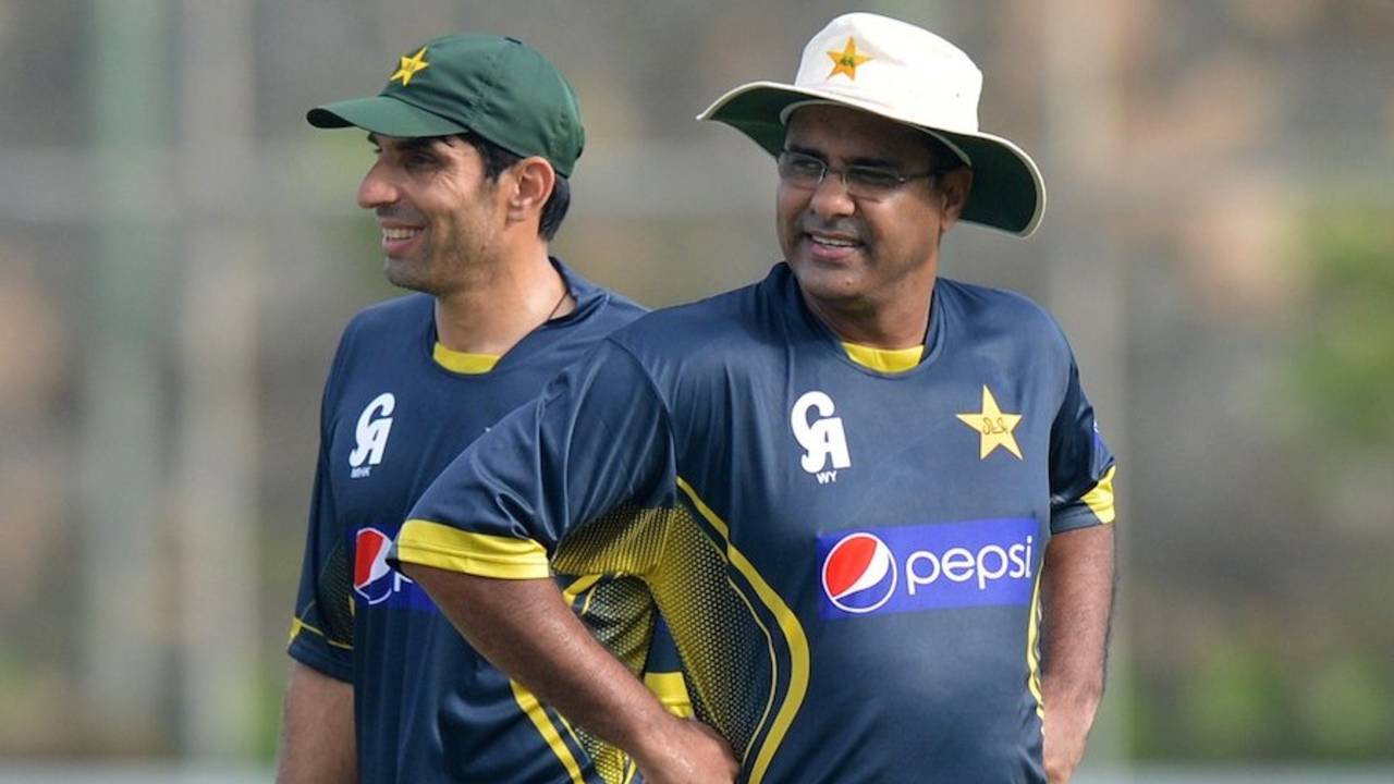 Misbah-ul-Haq and Waqar Younis are all smiles during a practice session, Galle, August 3, 2014