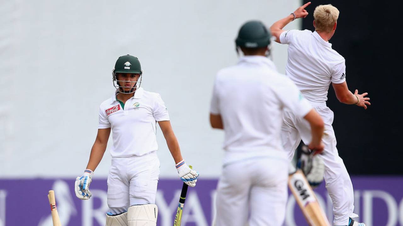 Luke Wood demolished Mathew Christensen's stumps, England U-19s v South Africa U-19s, 2nd Youth Test, Wantage Road, 2nd day, August 8, 2014